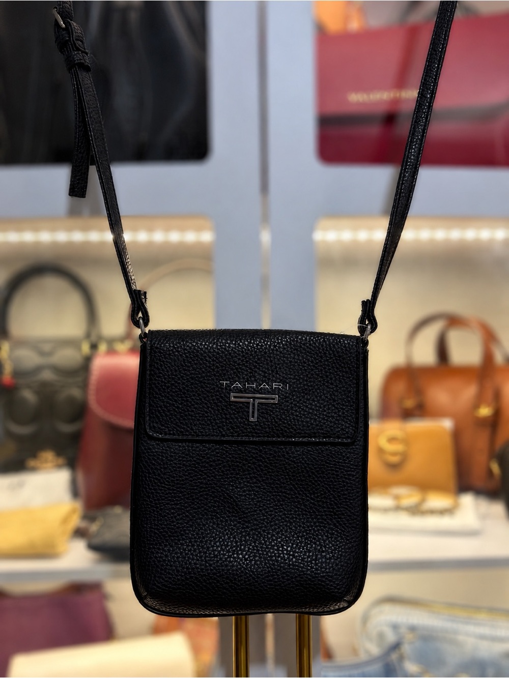 Tahari Black Pebbled Leather Crossbody Purse with BONUS items